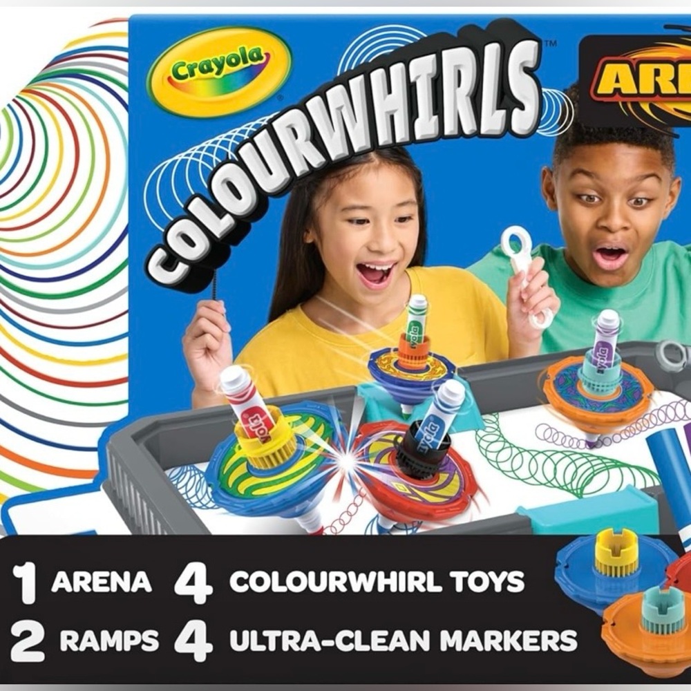 NWT Crayola Colourwhirls Battle Arena Art Game 4 Spinning Tops, Gifts for Kids